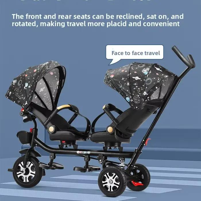 Tricycle pour enfants, poussette double, vélo à double siège avec siège inclinable, double direction