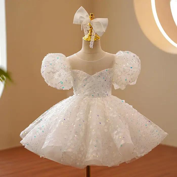 Robe pour enfants blanc gonflé Tulle haut de gamme défilé de mode anniversaire robe de princesse élé