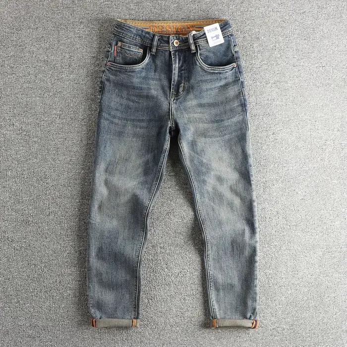 Jean rétro bleu avec moustaches de chat frit pour hommes, tissu personnalisé haut de gamme, marque d