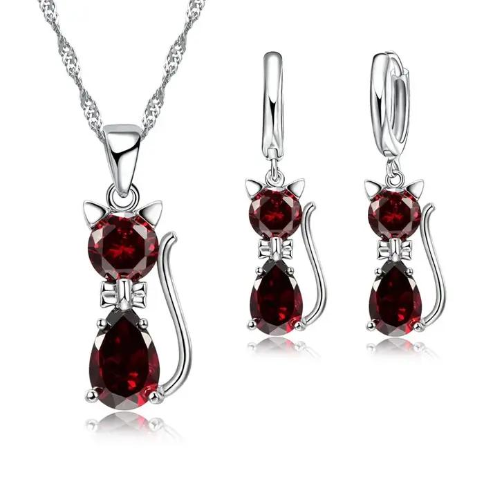 Ensembles de bijoux en argent CZ pour femmes et filles, collier en forme de chat mignon, ensemble de