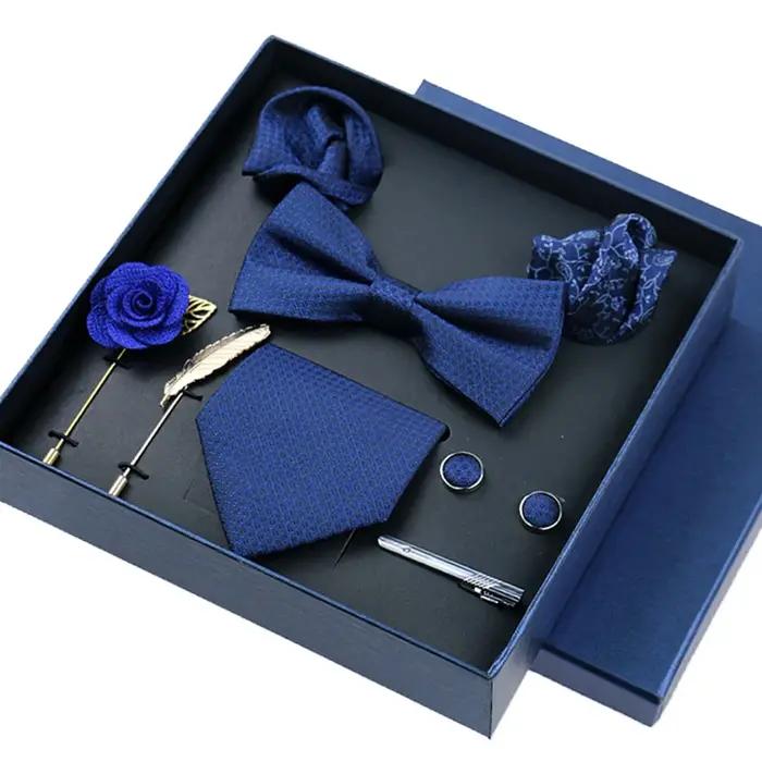 Ensemble de 8 pièces d'affaires, cravates bleues pour hommes, broches florales, boutons de manchette