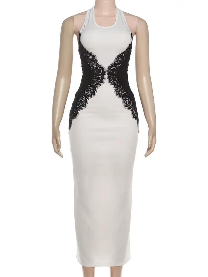 Kliou dentelle Patchwork longues robes femme licou col rond épaules nues dos nu Robe minuit bal fête