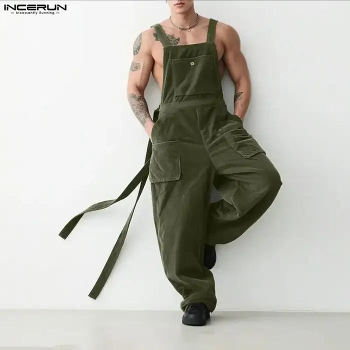INCERUN Combinaisons pour hommes, couleur unie, style jogger, en velours côtelé, amples, décontracté