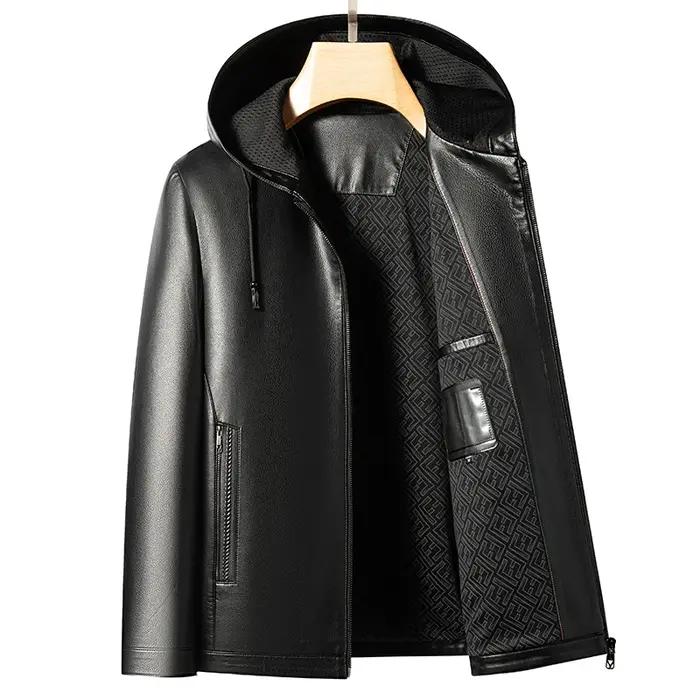 YN-2583 nouvelle veste en cuir à capuche pour hommes printemps et automne haut mince hiver en peluch