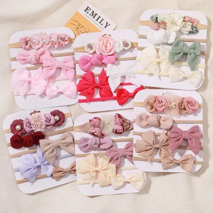 5 pièces/lot bébé élastique en Nylon bandeau nouveau-né belle fleur dentelle arc bandeau pour fille