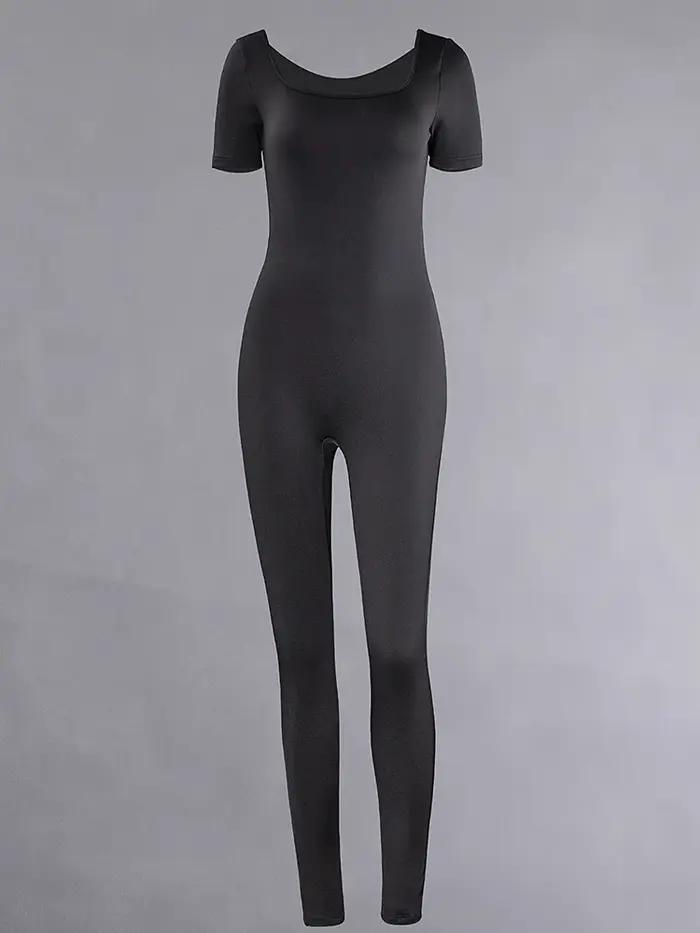 Barboteuse à manches courtes pour femmes, couleur unie, slim, batterie con, combinaisons, sport, fit