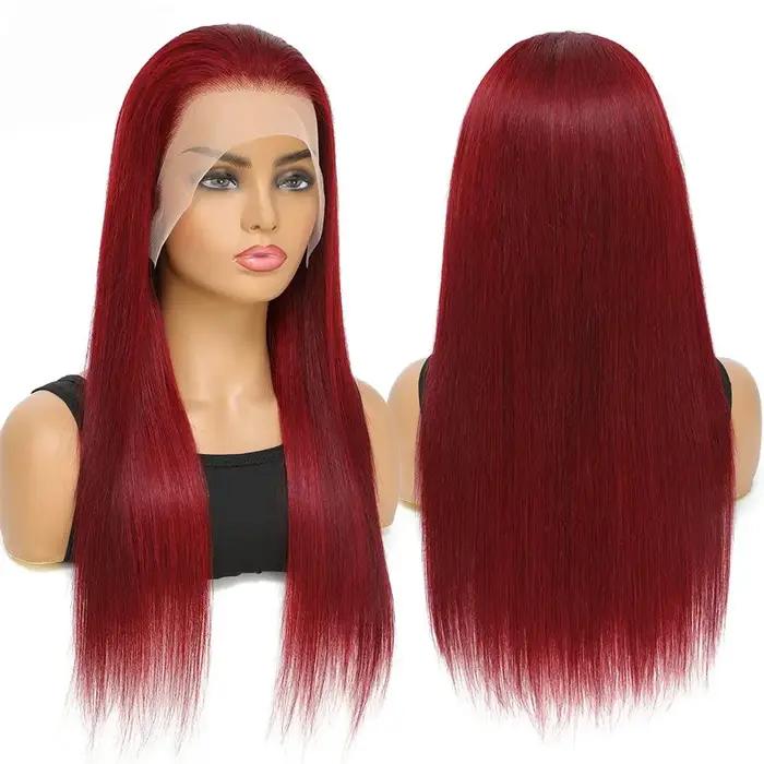 Perruque Lace Front Wig sans colle naturelle, cheveux lisses, bordeaux, HD, 5x5, 13x4, 13x6, pre-plu
