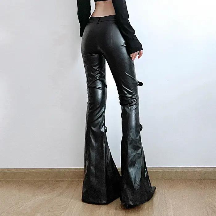 SUCHCUTE PU cuir Flare pantalon Goth boucle dentelle Patchwork pantalon femmes mode Y2K Streetwear V
