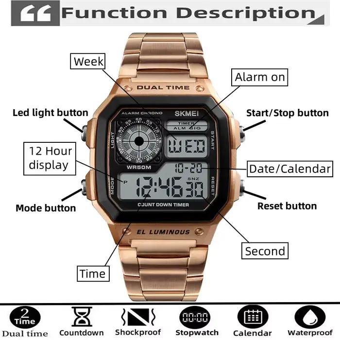 Skmei-Montre-bracelet de sport numérique pour homme, bracelet en acier inoxydable, chronographe LED,