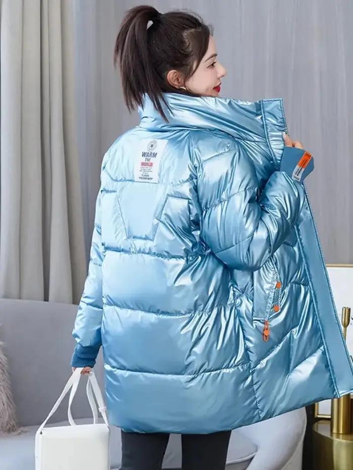 Parka courte brillante en coton rembourré pour femme, manteau décontracté, veste optique chaude, par