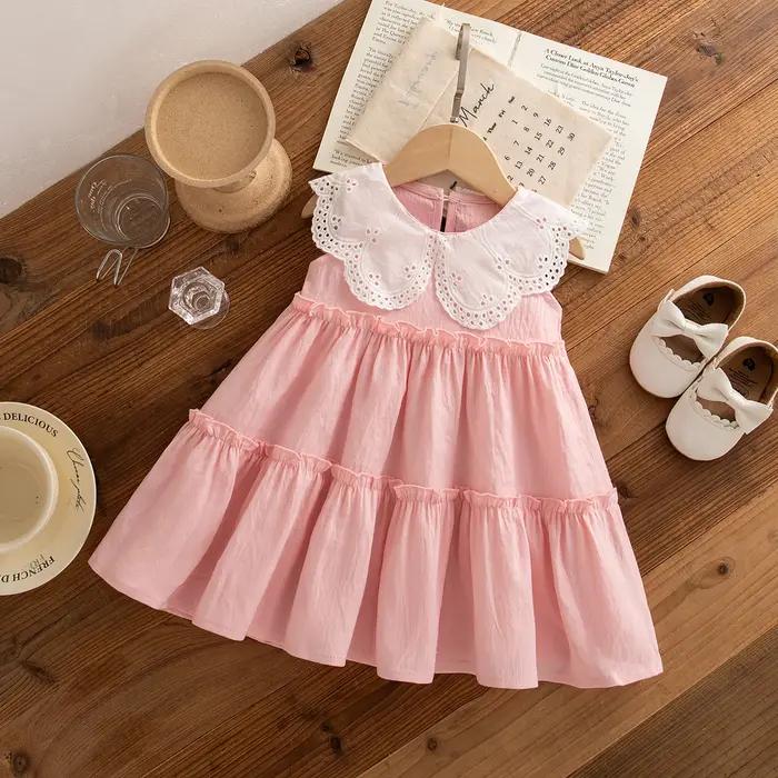 Vêtements d'été en coton pour petites filles, couleur unie, sans manches, à revers, robes de plage m