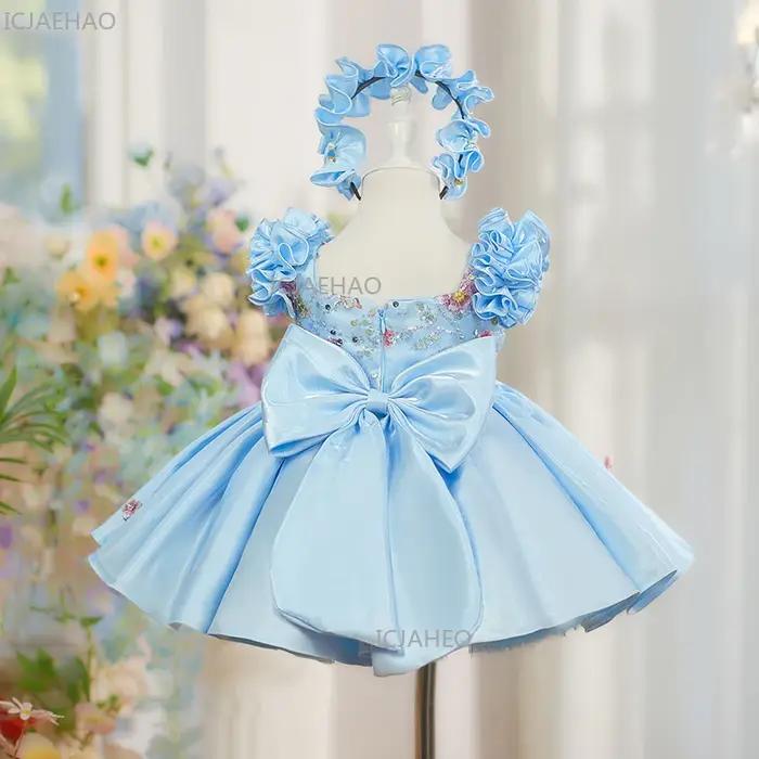 Nouvelle Robe de Princesse Bleue pour Enfants à Manches Volantes, Robe de Demoiselle d'Honneur pour