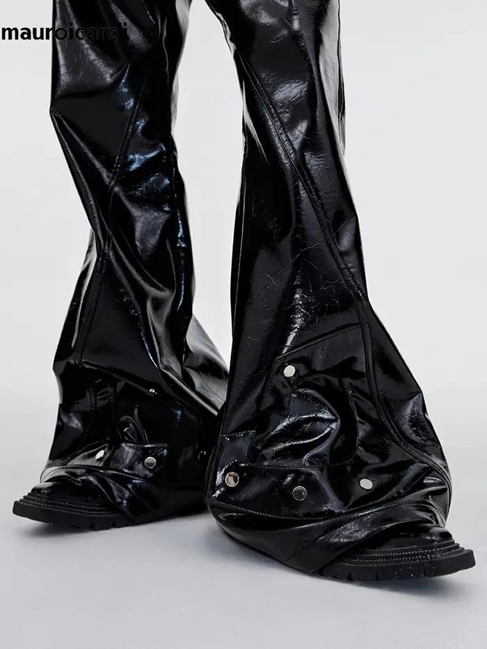 Mauroicardi printemps automne Cool noir brillant réfléchissant Pu cuir Flare pantalon pour hommes ha