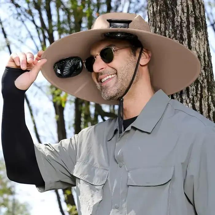 Chapeau de soleil d'été d'extérieur avec 2 ventilateurs, large bord, sangle coupe-vent, chargement s