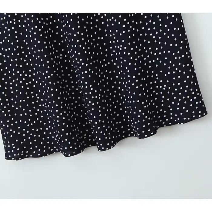YENKYE-Robe longue bleu marine à pois pour femmes, bordure en dentelle, col en V, manches courtes, l