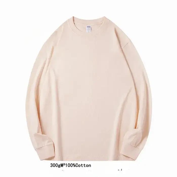 T-shirt à manches longues en pur coton robuste, 300g, haut blanc en peluche, couche de Base épaisse