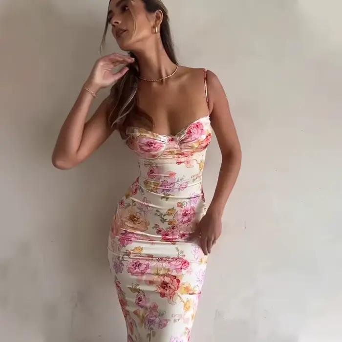 Robe à bretelles florales fendue, Slim, sans manches, Style plage, bretelles Spaghetti, vêtements po