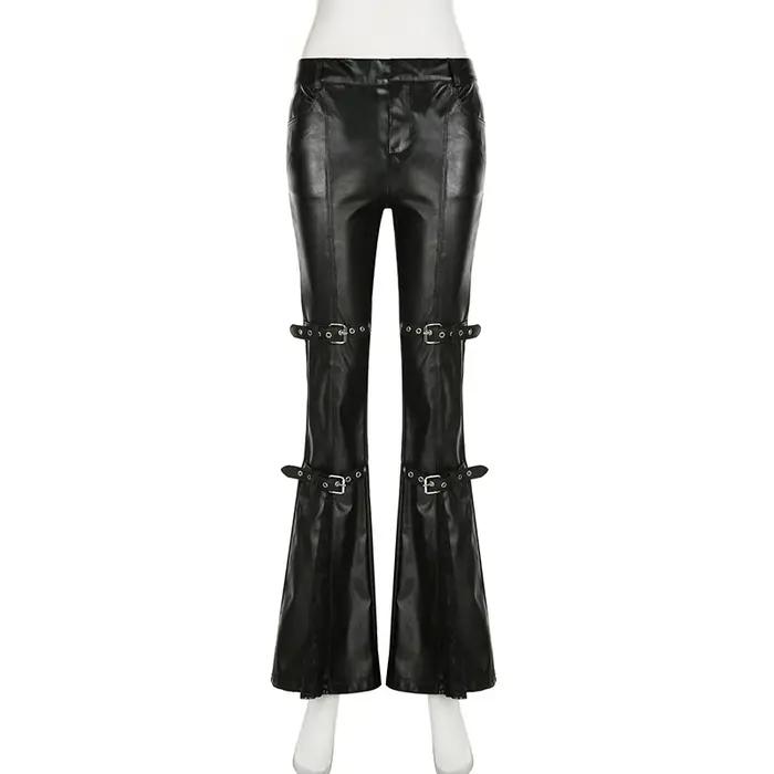 SUCHCUTE PU cuir Flare pantalon Goth boucle dentelle Patchwork pantalon femmes mode Y2K Streetwear V