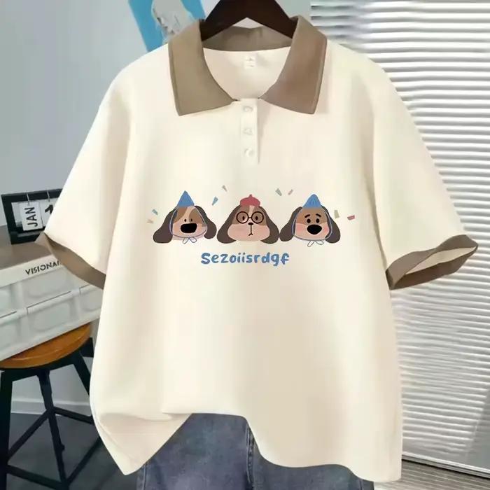 Polo ample japonais à manches courtes, T-shirt tendance, doux et mignon, imprimé de dessin animé, ét
