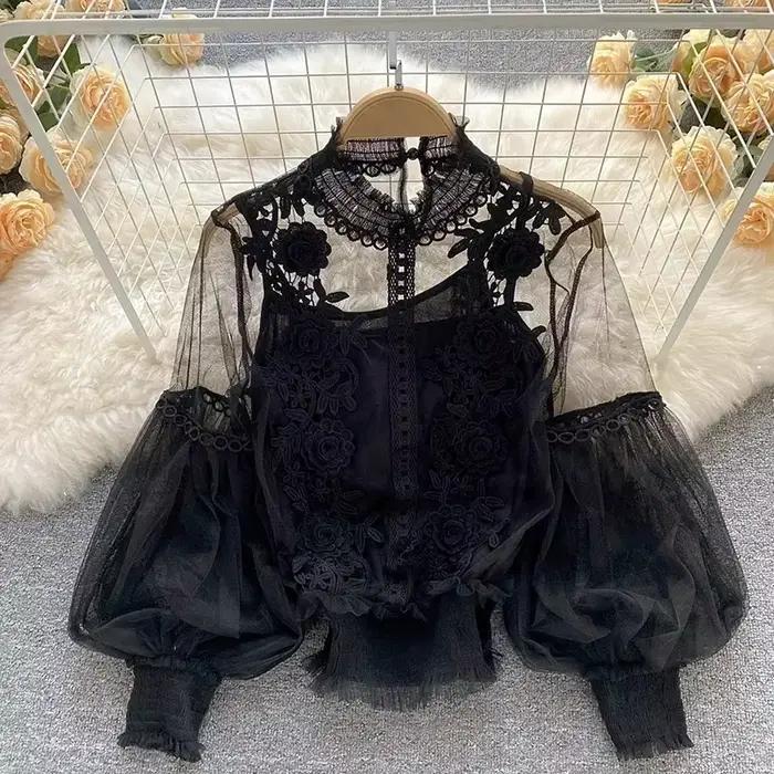 Dentelle bouffée à manches longues Blouse Vintage mode Blouses élégant Femme Blusas coréen Femme hau