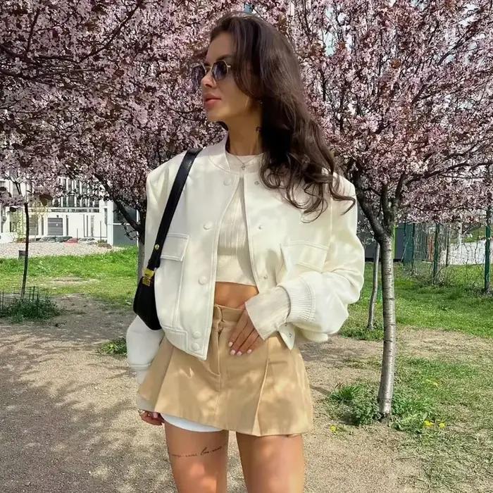 HXAO femme Bomber veste manteau blanc automne hiver bouton Baseball aviateur recadrée vestes pour fe
