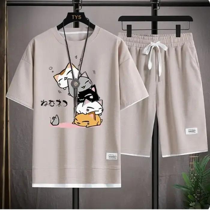Ensemble gaufré d'été pour hommes, marque à la mode, t-shirt et short décontractés, ensemble de spor
