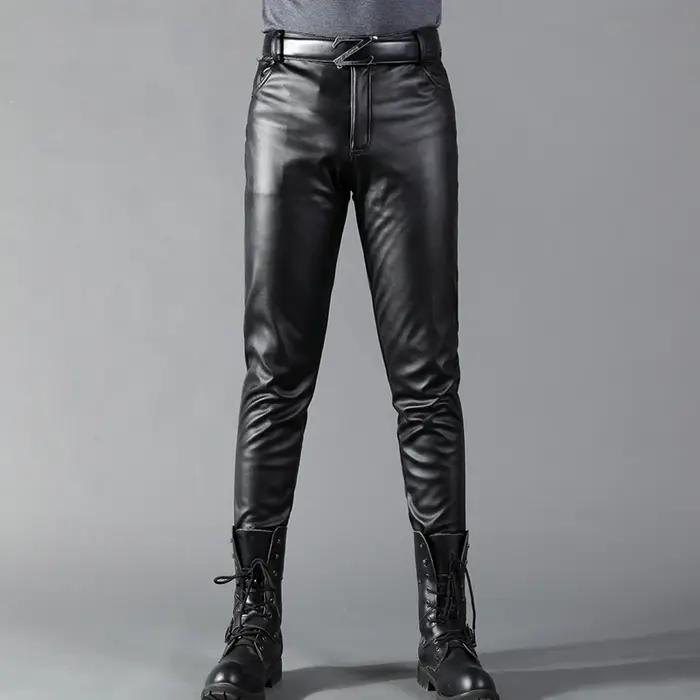 Pantalon en cuir pour hommes, coupe slim, élastique, mode, pantalon de motard en cuir PU, pantalon d