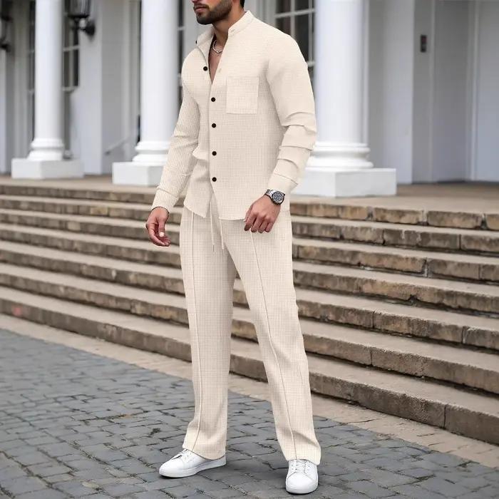 Nouveau costume d'automne pour hommes, chemise gaufrée à manches longues de couleur unie avec cardig