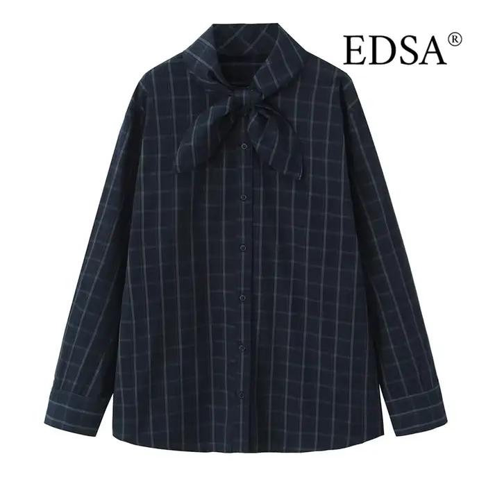 EDSA chemise à carreaux bleu marine pour femmes avec poche carrée pour bureau dame simple boutonnage