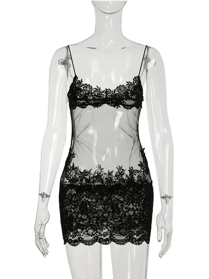 Mini robe transparente en dentelle pour femmes, Sexy, enveloppant, Spaghetti, broderie de fleurs, ga
