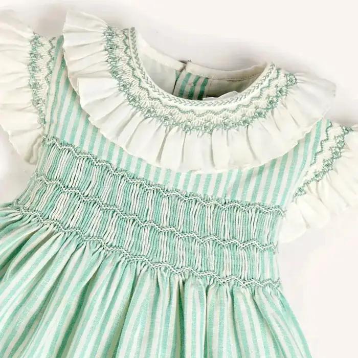 Robes d'été élégantes sans manches pour filles, couleur verte, rayées, avec col smocké à volants fai