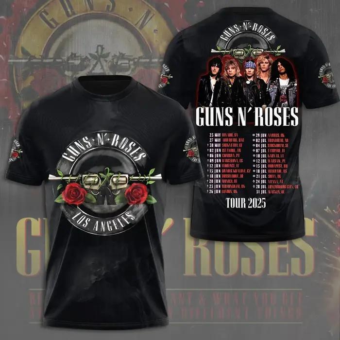 Chemise 3D Guns N' Rose 2025 Tour – Epic Rock Tee pour collectionneurs de musique États-Unis