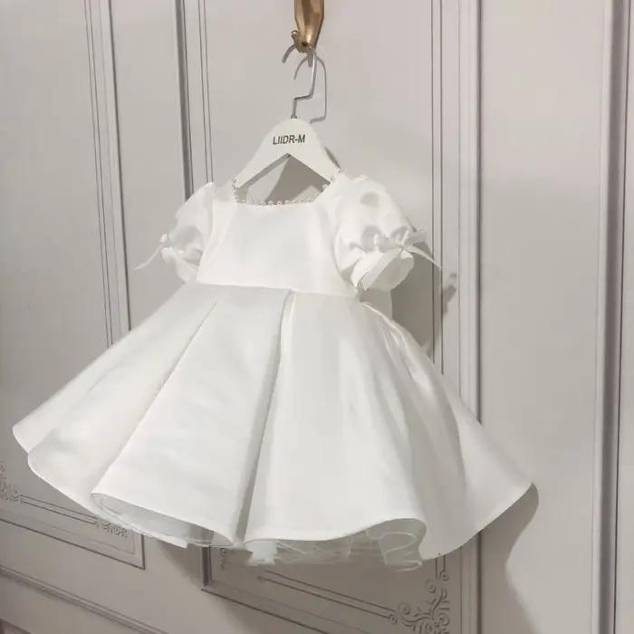 Robes pour enfants à manches bouffantes et perles roses, avec nœud, vêtements de spectacle de danse,