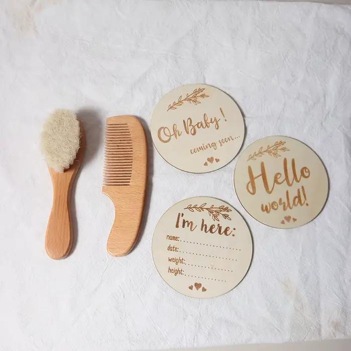 Ensemble de brosses et peignes pour bébé, coffret cadeau pour nouveau-né, laine naturelle, hêtre, pe