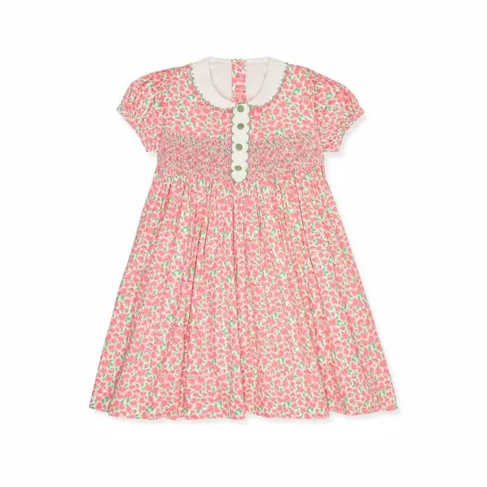 Robe d'été pour fille, style vintage, rouge, à fleurs, brodée, smockée, manches courtes, vêtements d