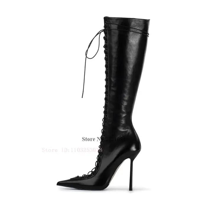 Thin Heeled Blue Denim Jeans Cut-Out Pointed Toe Front Lace-Up Fastening 120Mm Stiletto Heel Boots W