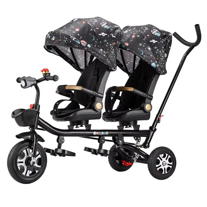 Tricycle pour enfants, poussette double, vélo à double siège avec siège inclinable, double direction
