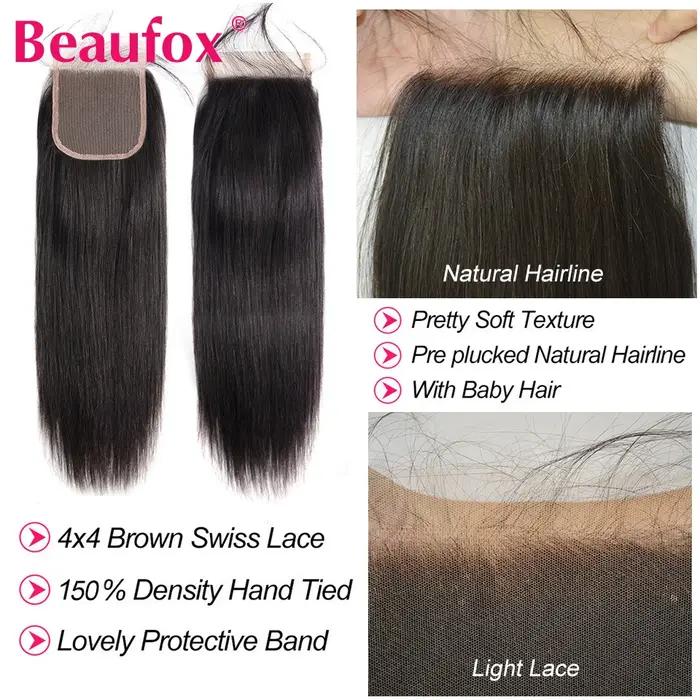 Beautorch-Mèches Péruviennes Naturelles avec Closure, Cheveux Vierges Lisses, Extensions de Cheveux