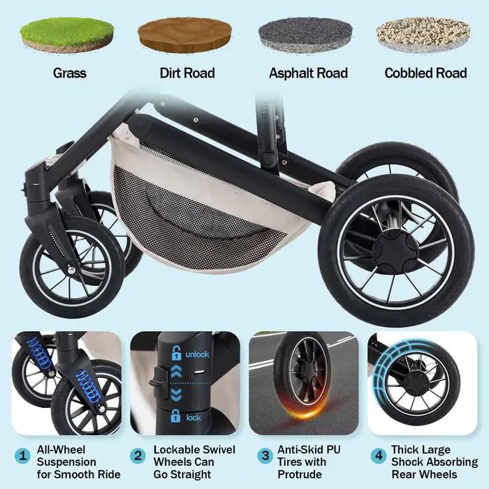 Poussette 3 en 1 pour bébé, siège inclinable pliable pour nouveau-né et enfant en bas âge, système d