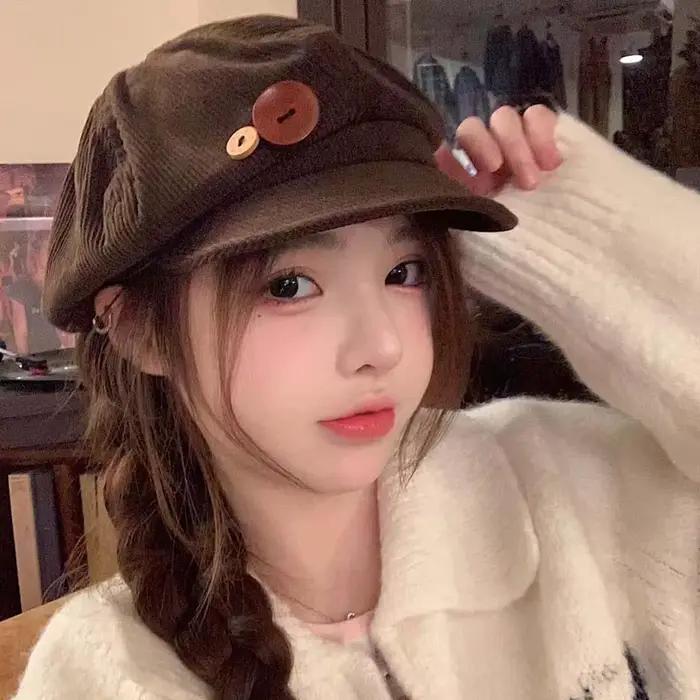 Béret Vintage en velours côtelé pour femmes, casquette octogonale à boutons coréens, chapeaux d'arti
