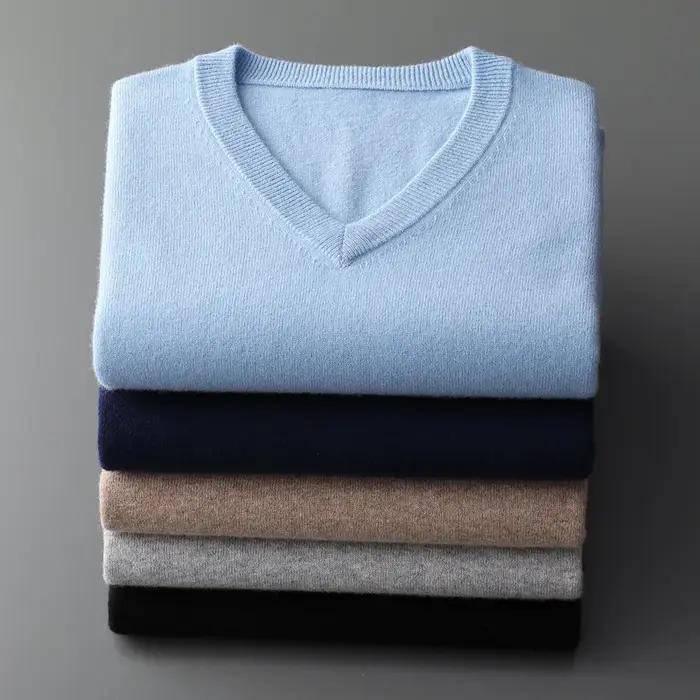 Cachemire coton mélange classique col en v tricoté pull hommes pull 2024 automne hiver doux chaud af