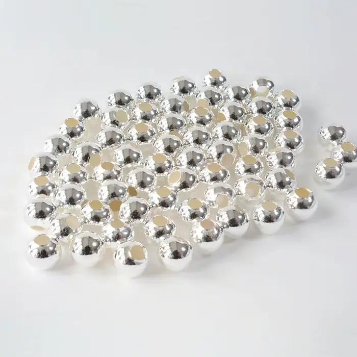 Perles en argent Sterling 925 massif, boule ronde d'espacement sans couture, résultats de bijoux DIY