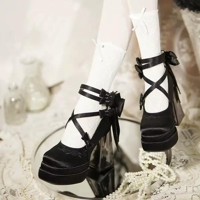 Kawaii 2025 nouveau Original Lolita talons hauts douce fille Satin nœud ruban élégant Mary Jane chau