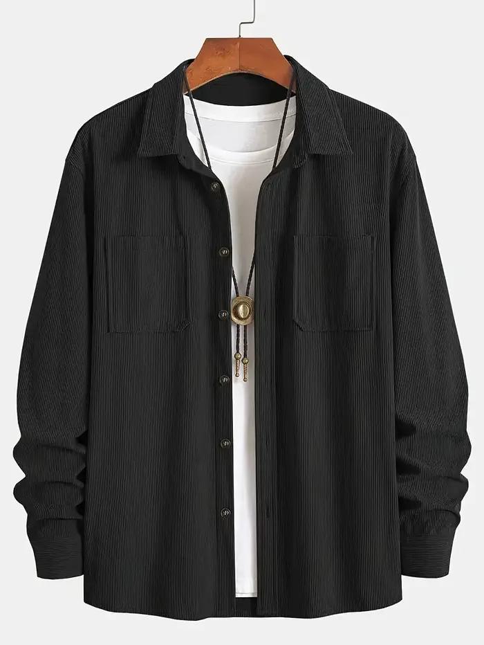 Chemise à manches longues en velours côtelé pour homme, col rabattu, poche poitrine, style décontrac