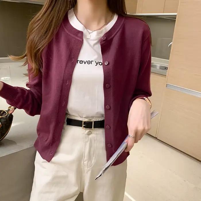 Cardigan en tricot pour femme AOSSVIAO, collection Printemps 2026, col rond, décontracté, couleur un