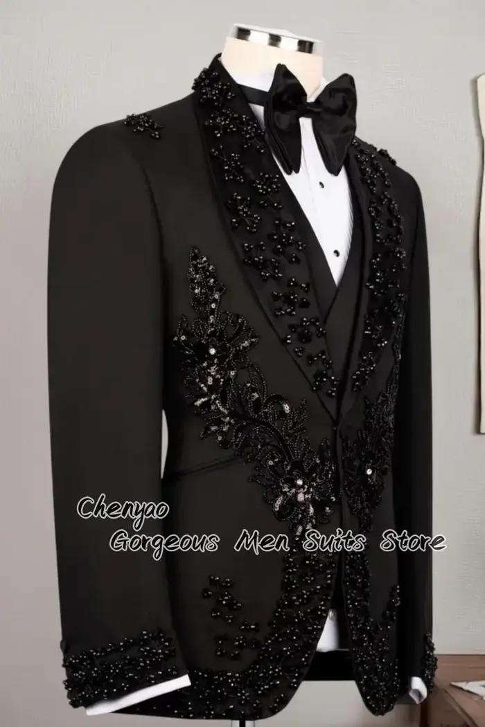 Costumes pour hommes de luxe ornés de strass et de perles, ensembles 3 pièces, sur mesure, pour mari