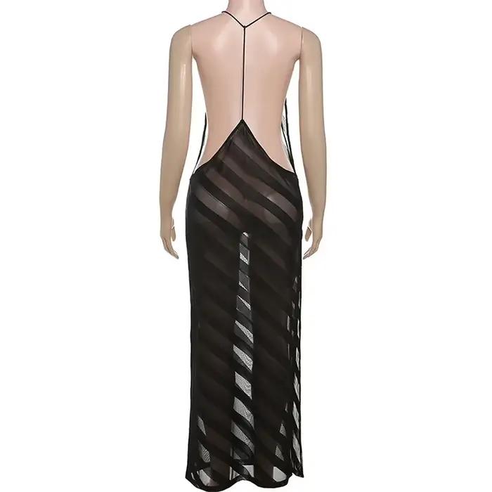 Maille voir à travers Sexy licou fête Club Maxi robe fendue tenues femmes été sans manches dos nu mo