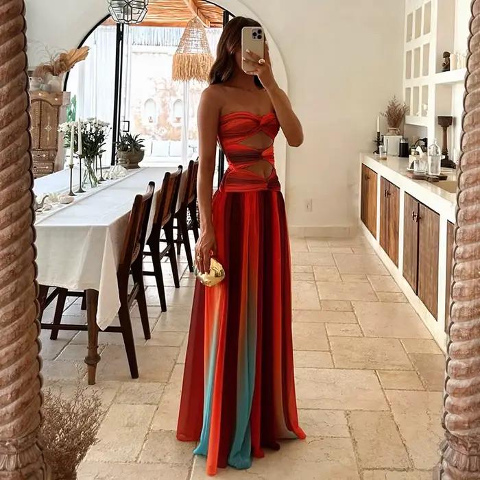 Robe longue ajourée pour femmes, dégradé de teinture par nouage, élégante, épaules dénudées, ourlet