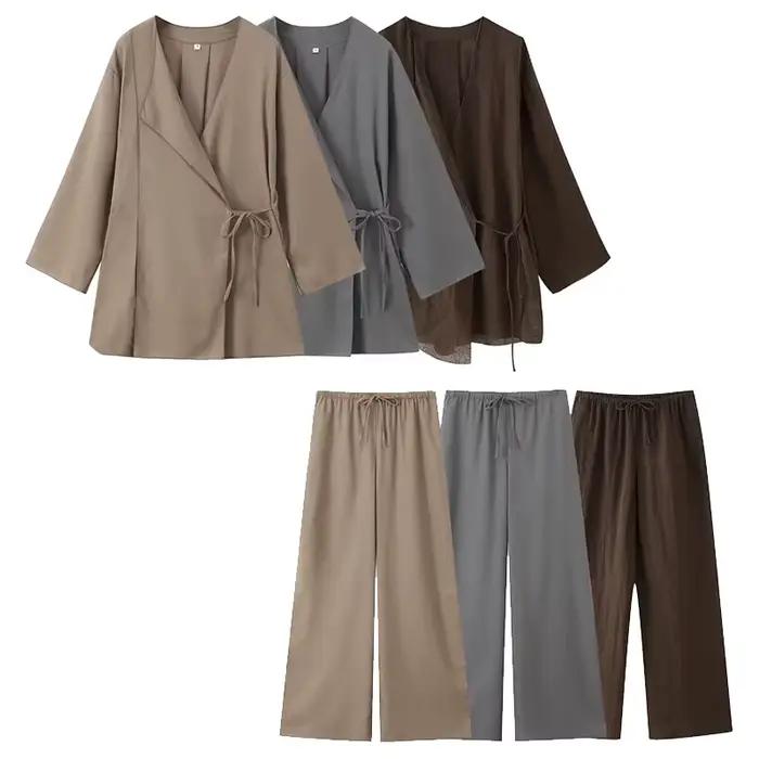 Willshela femmes mode 2 pièces ensemble solide à lacets chemises et Vintage taille élastique pantalo