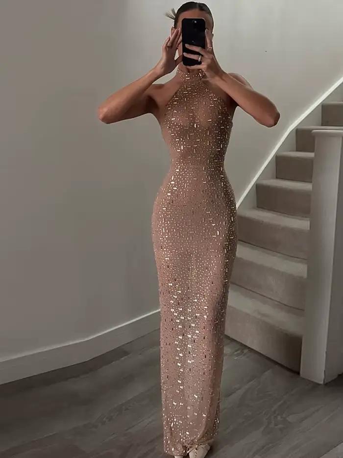 Robe de soirée sexy Kliou pour femme, décoration en faux diamants, col rond, épaules dénudées, taill